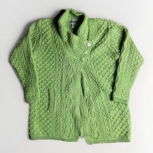 Vintage Aran Crafts Sweater Large Green Ireland Merino Wool Cable Knit Wrap Cape